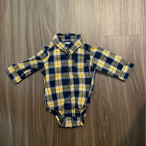 Carter's Navy and Yellow Plaid button down long sleeve Baby Onesie size 3M - Picture 1 of 4